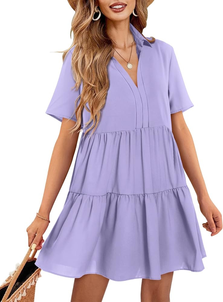 Amoretu Women V Neck Dress Summer Short/Long Sleeve Flowy Tiered Shift Dresses | Amazon (US)
