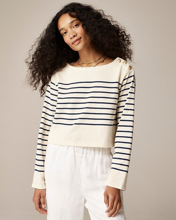 Cropped boatneck T-shirt with buttons in mariner cotton | J. Crew US