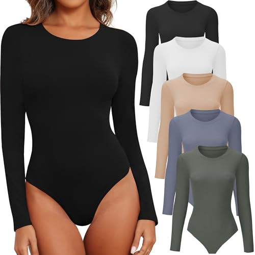 BALENNZ Long Sleeve Body Suits Womens Body Suits Tops Round Neck Long Sleeve Bodysuit Shirts for Women Crew Neck Black White Nude Body Suit 5AXL | Amazon (US)