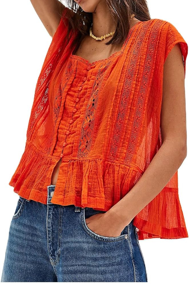 Women’s Tie Front Ruffle Boho Tops Flowy Sheer Short Sleeve Lace Blouse Y2k Embroidered Babydol... | Amazon (US)