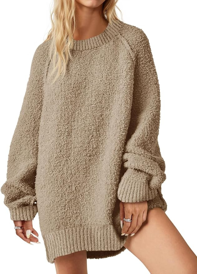 Saodimallsu Womens Oversized Sweater 2025 Fall Trendy Fuzzy Crew Neck Long Sleeve Casual Tunic Sw... | Amazon (US)