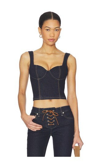 Alice + Olivia Ava Sweetheart Denim Bustier in Blue. - size 6 | Revolve Clothing (Global)
