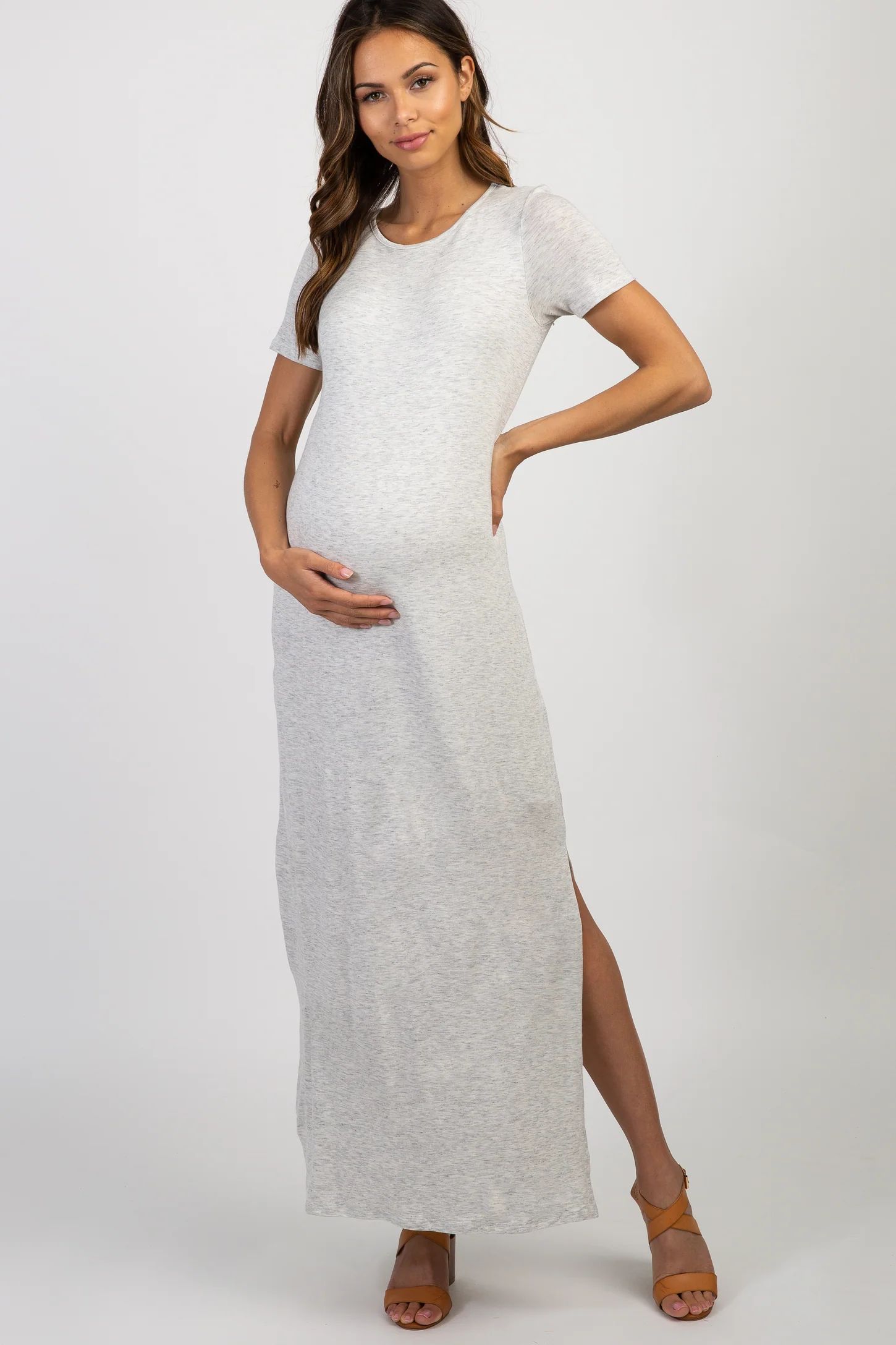 PinkBlush Grey Basic Side Slit Maternity Maxi Dress | PinkBlush Maternity