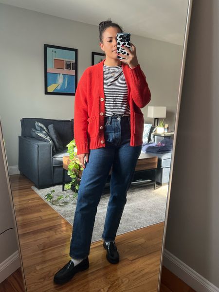 What I wore to wore today - red grandpa cardigan in lambswool, striped breton long sleeve t-shirt, dark wash curve love dad jeans, and chunky lug loafers. Perfect winter outfit for a warmer day! 

#LTKSeasonal #LTKstyletip