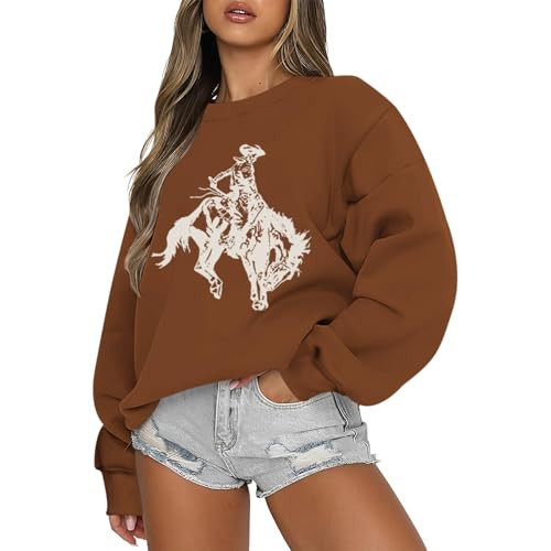 Weetiotio Western Cowboys Graphic Sweatshirts For Women Cowgirls Rodeo Oversized Sweatshirt Country Concert Crewneck Outfits(Brown,S) | Amazon (US)