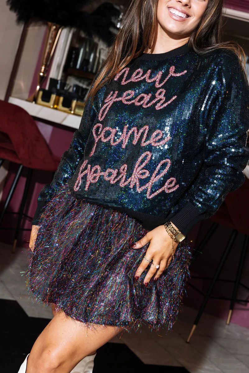 Black Full Sequin New Year Same Sparkle Sweater | Queen of Sparkles