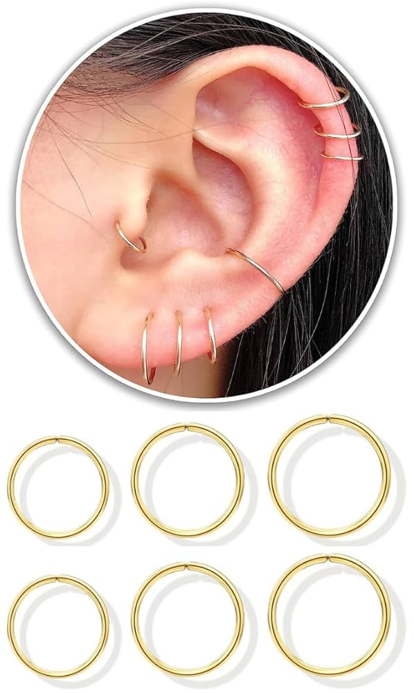 3 Pairs 14k Gold Plated Sterling Silver Small Hoop Earrings Set for Women Cartilage Nose Septum H... | Amazon (US)