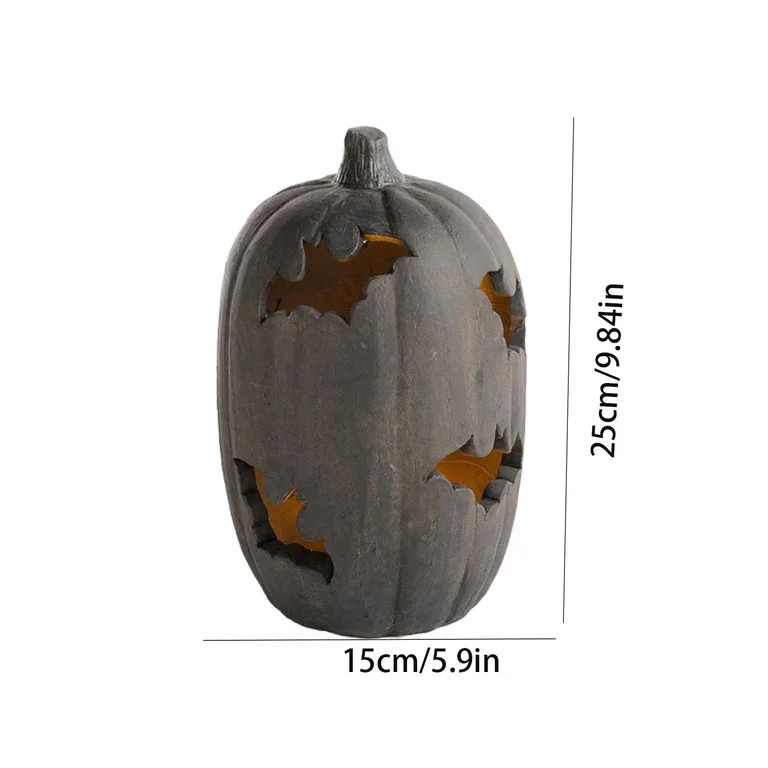 7.87in & 9.84in Resin Lighted Black Pumpkin Lantern Hollow Bat Cutout Jack O Lantern Spooky Fall ... | Walmart (US)