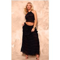 Black Chiffon Ruched Netting Detail Maxi Skirt, Black | PrettyLittleThing UK