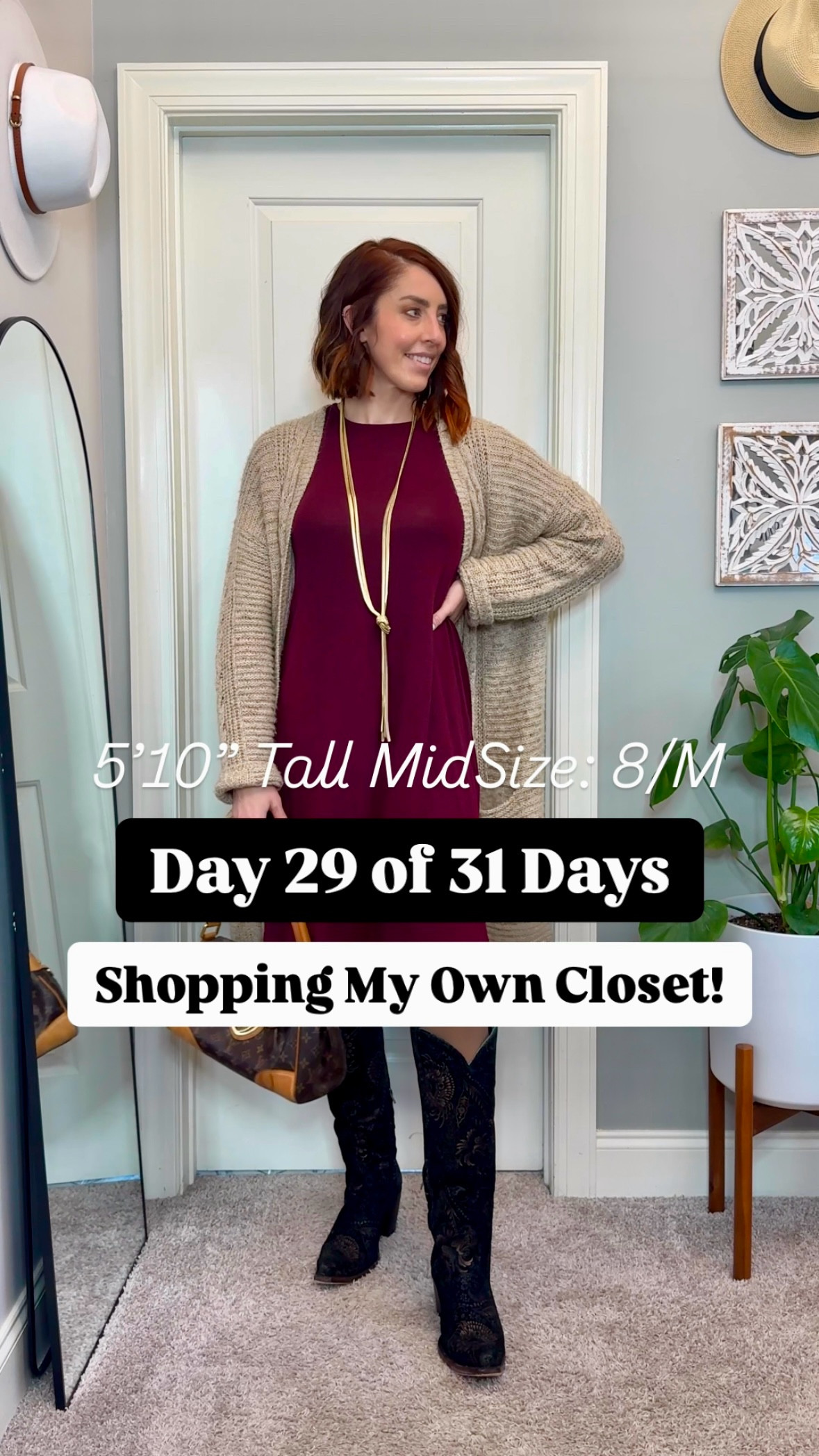 Day 29 of my 31 Days of Closet Magic Challenge, and we’re leaning all the way into cozy cute with layers—because if there’s one thing elder Millennials/Xennials know, it’s that layering is a lifestyle.

This outfit is basically a love letter to that perfect balance of comfy and put-together. I started with a burgundy fit-and-flare midi dress (because twirl factor is a must), added fleece-lined tights for warmth, and topped it with the coziest oatmeal beige knit duster—aka the fashion equivalent of a warm hug. Boot socks peek out just right over my black leather Western boots, giving the whole look that effortless cool-girl touch. The finishing details? A long knotted necklace for a little boho charm and my Louis Vuitton bag, because we will be channeling that quiet luxury vibe, even on a no-spend challenge.

This look is giving “coffee shop musings meets casually fabulous errand run,” and honestly, that’s the energy I’m bringing into 2025. Are you more:
🍷 Rich, deep jewel tones
🌾 Soft, neutral layers

#ClosetMagicChallenge #CozyCute #LayeredAndLovely #XennialStyle #NoSpendChallenge #WinterFashion #TallGirlApproved



#TallGirlStyle #ConsciousFashion #FearlessFeminine  #WesternBoho #FreeSpiritStyle

#LTKMidsize #LTKShoeCrush #LTKStyleTip