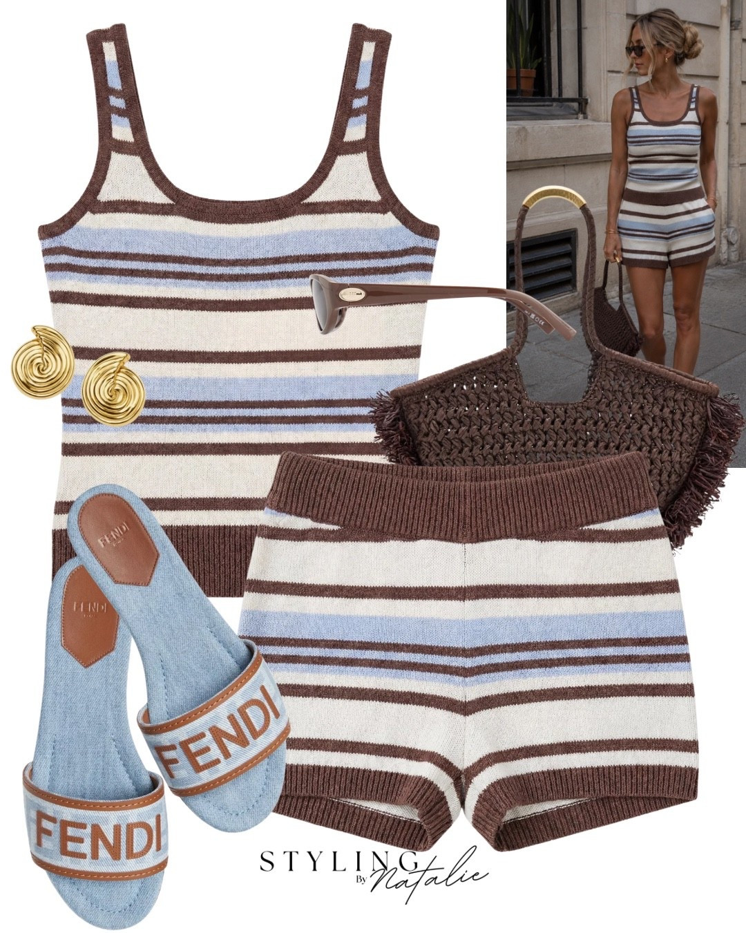 Summer co-ord set 🤎🦋

Knit stripe tank top and matching pull on shorts, slide sandals and brown fringe raffia beach tote bag, gold spiral earrings. 
Heatwave, summer matching set, holiday outfit, vacation wear, blue and brown look, easy summer style, everyday, hot weather look

#LTKsummer #LTKuk #LTKeurope