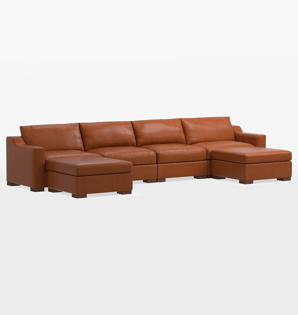 Sublimity Leather 6-Piece Double Ottoman Sectional Sofa, Studio - Distressed Pure Leather Saddle | Rejuvenation