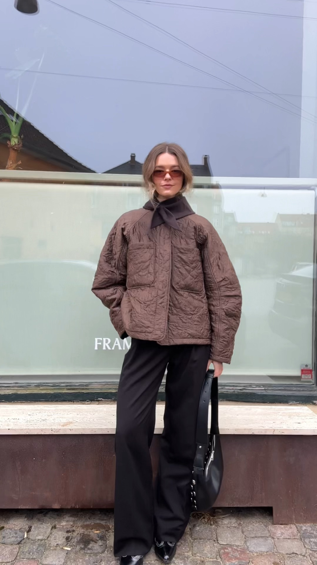 Brown jacket, Zara scarf, neck scarf, black trousers, DISSH, H&M, sunglasses, oval sunglasses, winter outfit 



#LTKeurope #LTKuk #LTKFashionMonth