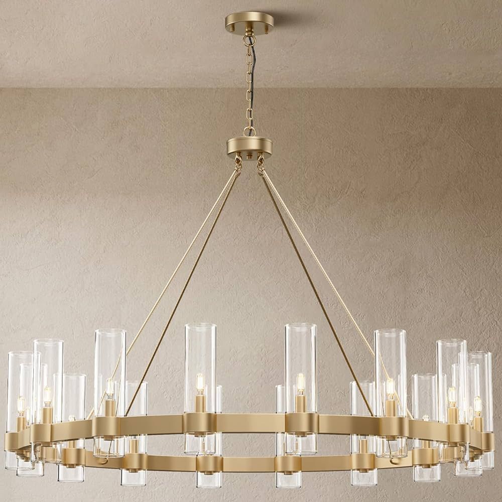 16-Lights Gold Chandelier,Wagon Wheel Chandelier with Glass Shade,48 Inch Large Round Industrial ... | Amazon (US)