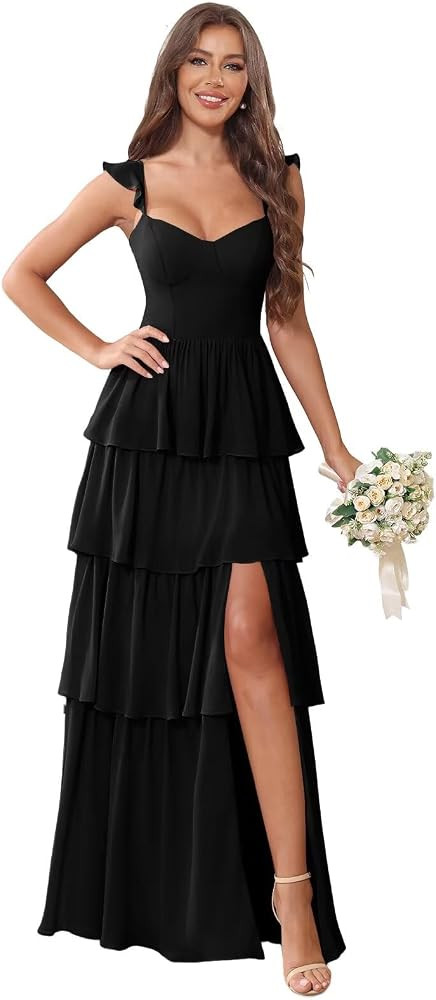 UZN Tiered Chiffon Bridesmaid Dress with Slit Long for Wedding A Line Formal Evening Party Gown | Amazon (US)