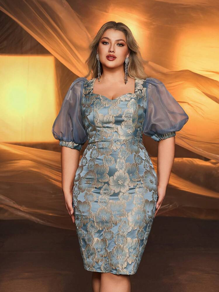 Glamrae Plus Size Gray-Blue Satin-Weave Jacquard & Organza Puff Sleeve Elegant Party Dress, Wedding Guest Cocktail Dress | SHEIN