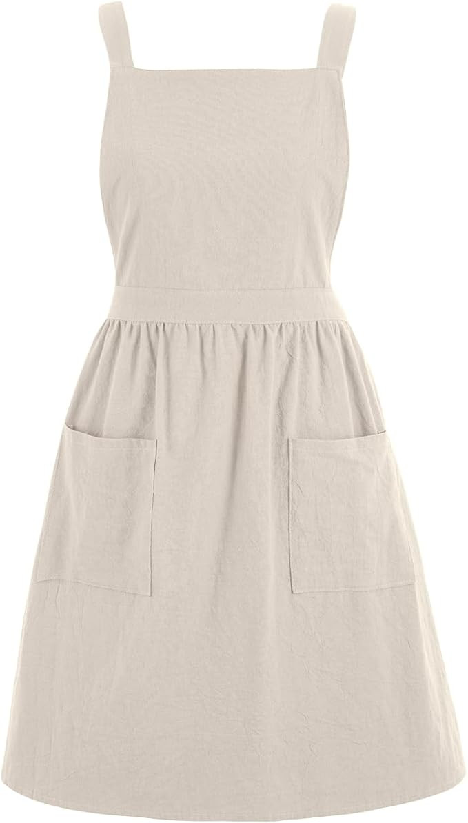 Cotton Linen Pinafore Apron Dress for Women with Pockets Cute Art Chef Aprons for Kitchen Baking ... | Amazon (US)