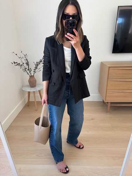 Levi’s Rib Cage jeans. Super high rise and the 27” inseam fit but def my longest inseam. Wider fit. 

Banana Republic blazer petite 4
Reformation tank xs (old). 
Levi’s jeans 25
Madewell sandals 5 (old)
The row tote small
YSL sunglasses 

#LTKShoeCrush #LTKItBag