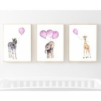 Baby Girl Nursery Decor, Light Purple Nursery, Mauve Room, Set Of Three Prints, Safari Themed Modern Orchid | Etsy (US)