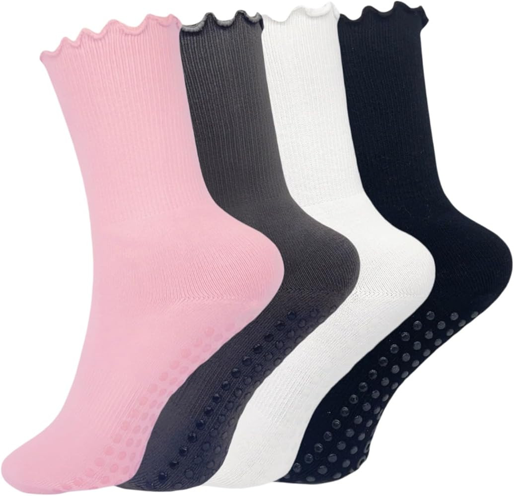 4 Pairs Cute Pilates Socks with Grips for Women Non Slip Cute Ruffle Yoga Socks Grippy Hospital S... | Amazon (US)
