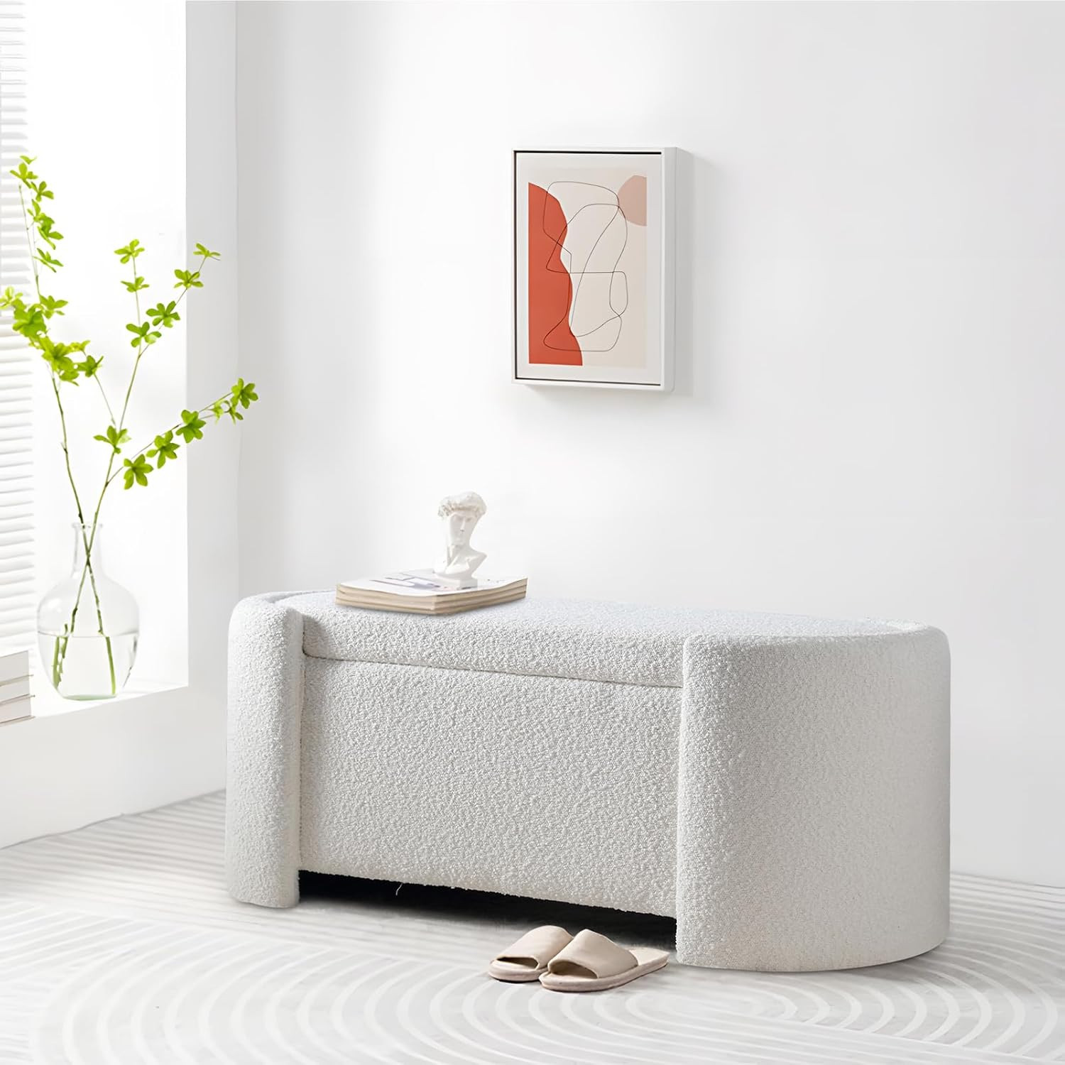 Deolme White Boucle Storage Ottoman Bench- Modern Wooden Indoor Upholstered Storage Bench End of ... | Amazon (US)