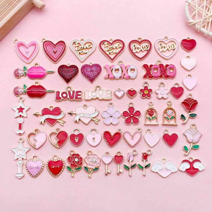 30/50pcs Valentine's Day Charms Heart Charms For Jewelry Making, Pink Red Heart Pendant Charms Le... | SHEIN