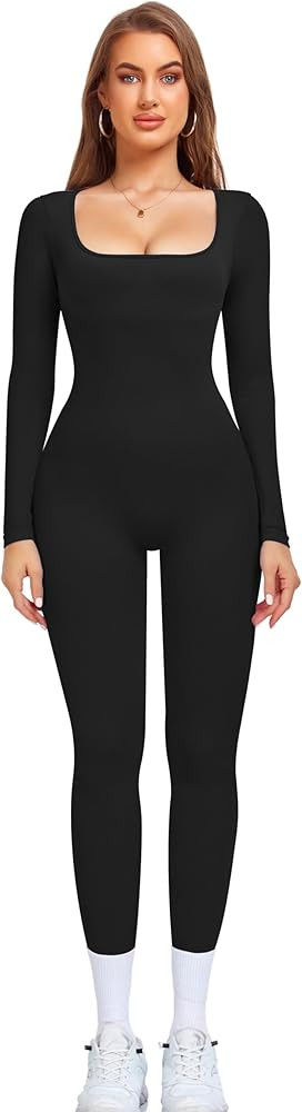 OLCHEE Womens Long Sleeve Workout Jumpsuit Square Neck Ribbed Seamless Yoga Romper Sexy Bodycon T... | Amazon (US)