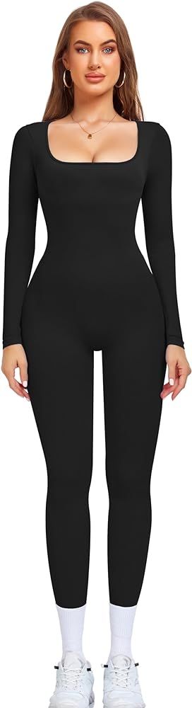 OLCHEE Womens Long Sleeve Workout Jumpsuit Square Neck Ribbed Seamless Yoga Romper Sexy Bodycon T... | Amazon (US)