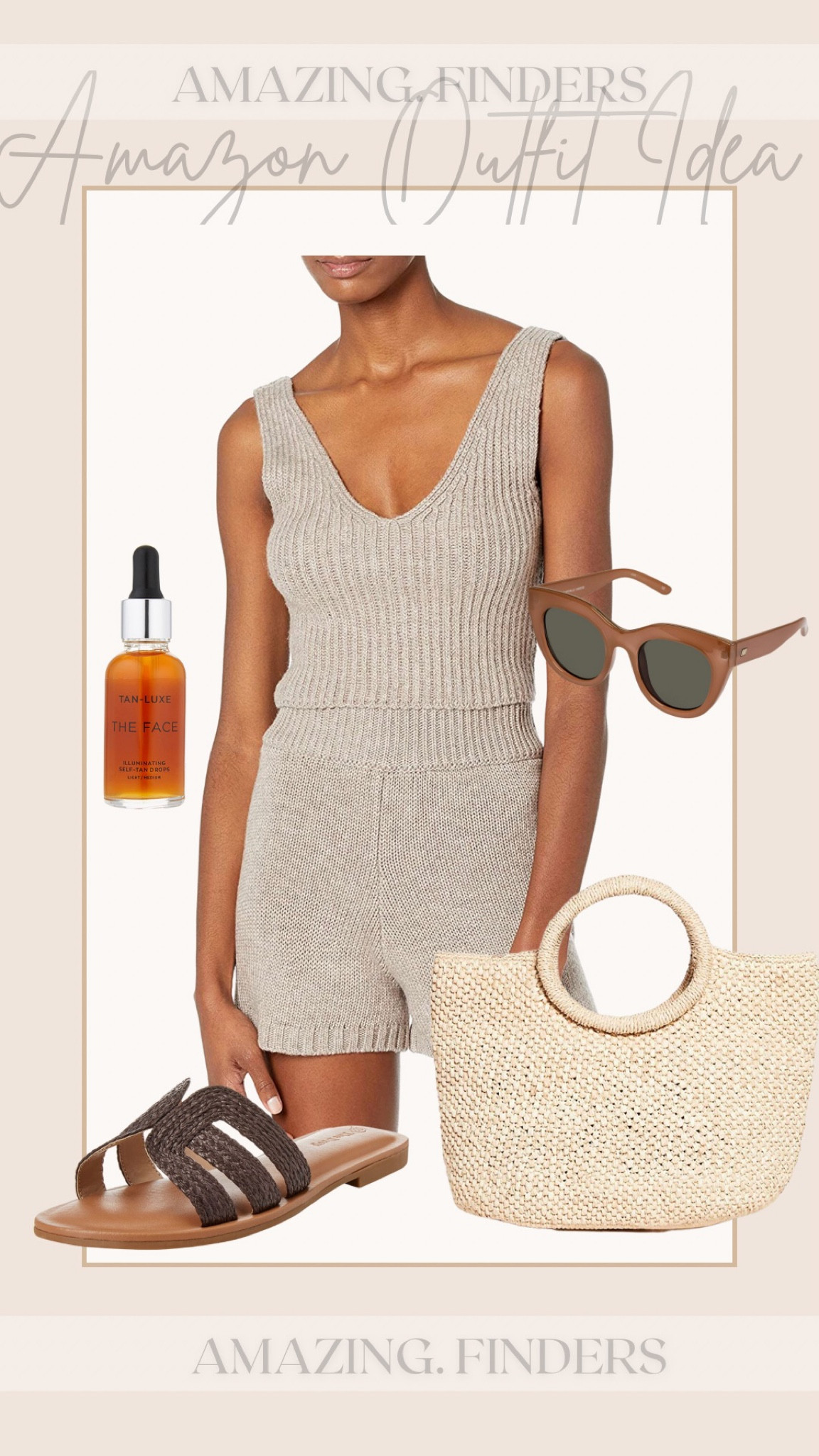 Get This Cute Outfit Now. This collection includes sandals, a tank-top, shorts, a bag, sunglasses, and a self-tanner. This outfit is perfect for the warmer weather.. If it ever gets here.

Start with this The Drop Women's Sylvie Double V-Neck Textured Rib Cropped Sweater Tank and add this The Drop Women's Adrienne Pull-on Sweater Knit Short.

Mar Y Sol Women's Serena,

Le Specs Women's Air Heart Sunglasses,

The Drop Women's Monika Flat H-Band Slide Sandal,

TAN-LUXE The Face - Illuminating Self-Tan Drops to Create Your Own Self Tanner,

#LTKstyletip #LTKGiftGuide #LTKFind