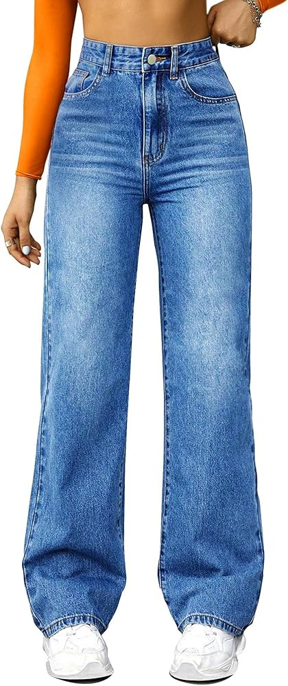 Straight Leg Jeans for Women,High Waisted Wide Leg Loose Microelastic Boyfriend Denim Pants Blue | Amazon (US)
