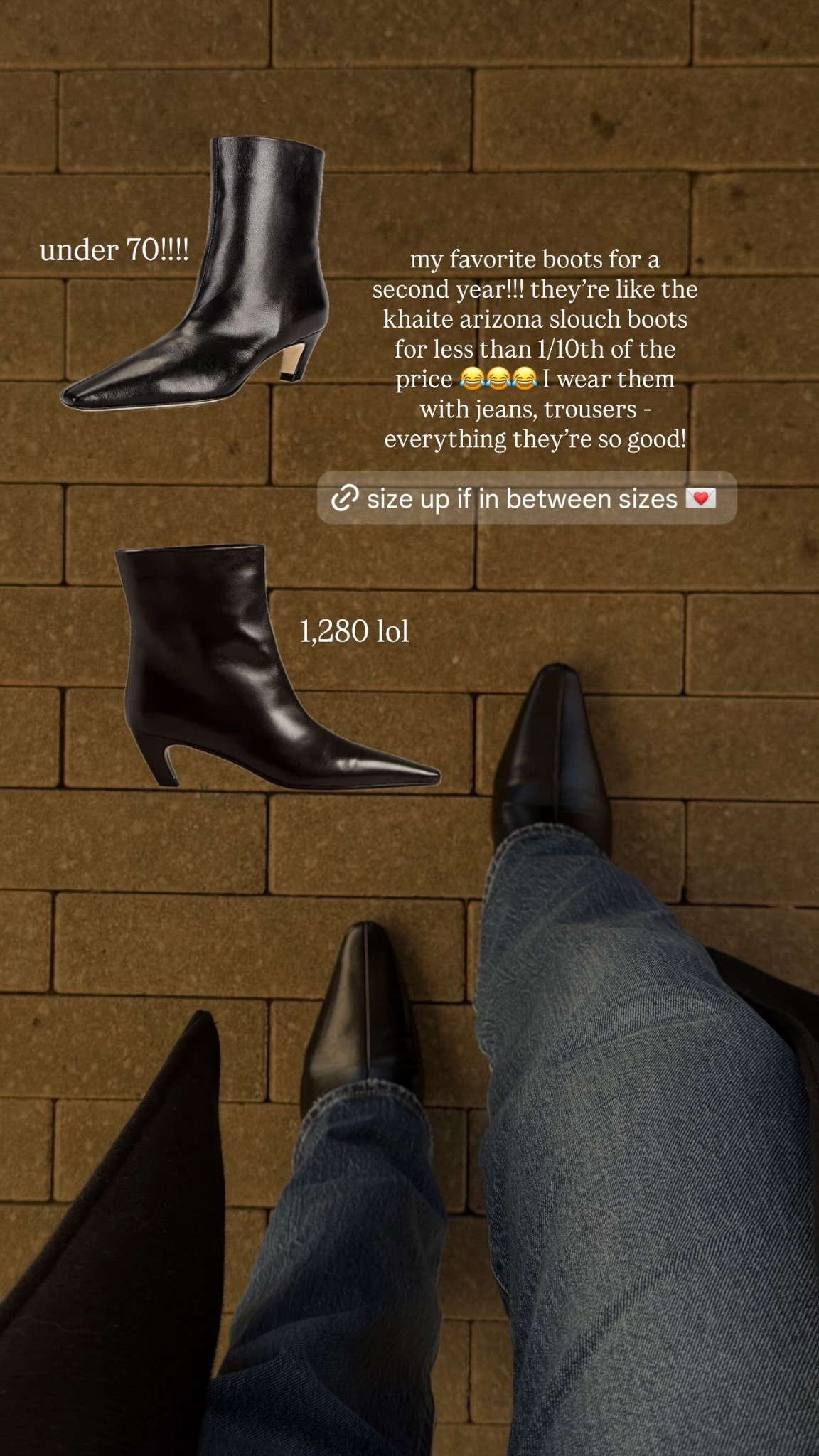 my favorite boots for a second year!!! they’re like the khaite arizona slouch boots for less than 1/10th of the price 😂😂😂 I wear them with jeans, trousers - everything they’re so good! under 70!!!! 1,280 lol