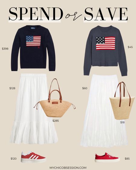 Are you looking to spend or save? This patriotic outfit is inspired by Memorial Day and 4th of July. A casual chic twist on a Memorial Day outfit, this American flag sweater adds a nice touch to a white maxi skirt. A straw bag adds a summer touch and bold red sneakers complete the look! For hot days, you can wear a tank top underneath the sweater and take the sweater off when it gets too hot - or drape it around your shoulders for a preppy look!

#LTKStyleTip #LTKSeasonal