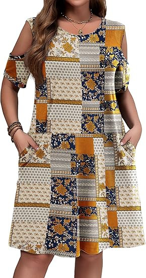 IN'VOLAND Women's Plus Size Summer Dress Short Sleeve Beach Floral Crew Neck Casual Mini Dresses ... | Amazon (US)
