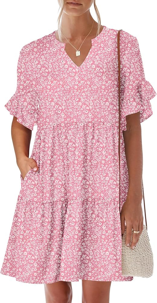 ANRABESS Womens Summer 2025 Trendy Ruffle Short Sleeve V Neck A Line Tiered Flowy Loose Casual Mi... | Amazon (US)