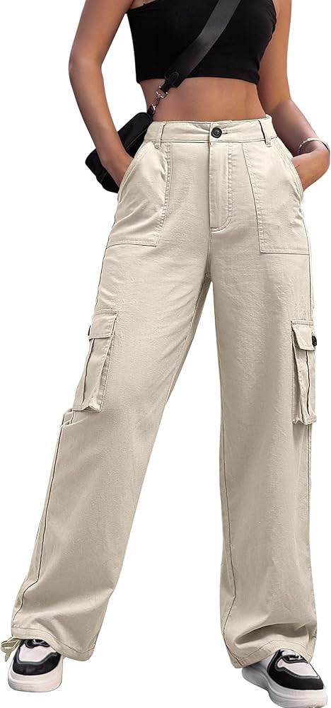 ZMPSIISA Women High Waisted Cargo Pants Wide Leg Casual Pants 6 Pockets Combat Military Trousers | Amazon (US)