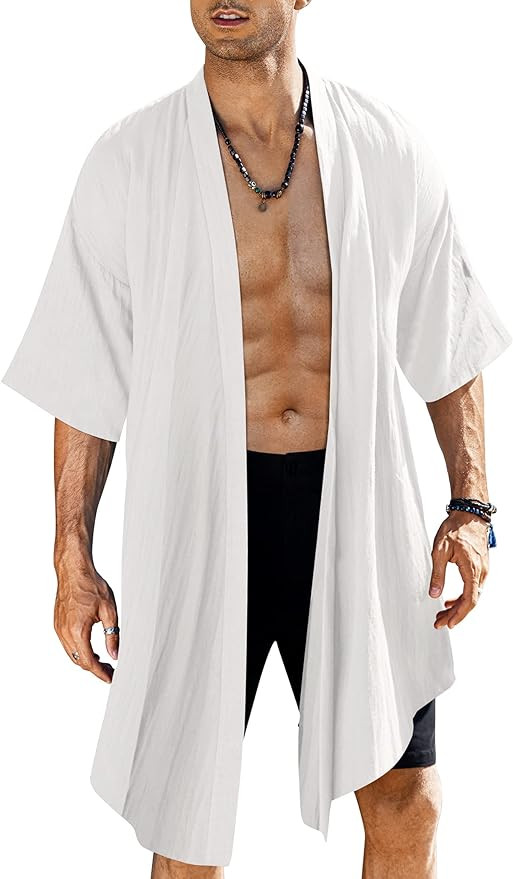 COOFANDY Men's Ruffle Shawl Collar Cotton Cardigan Long Kimono Jackets Open Front Drape Cape Coat | Amazon (US)