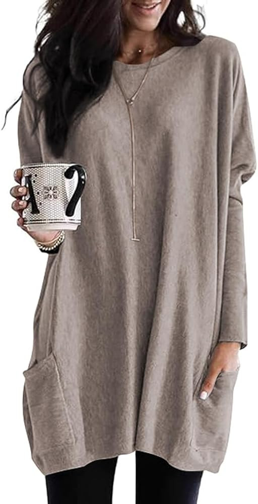 Poetsky Fall Womens Tunic or Tops to Wear with Leggings Long Sleeve Casual Long Shirts with Pocke... | Amazon (US)