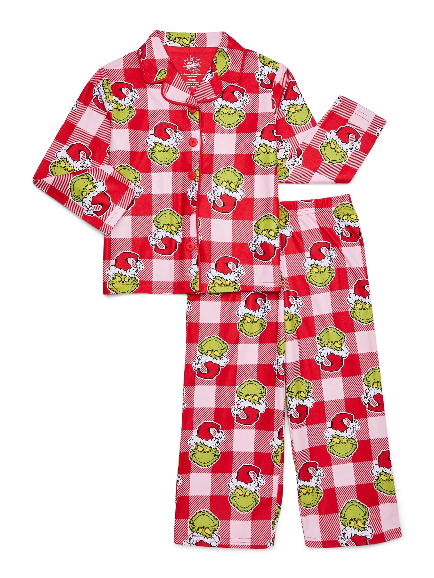 Grinch Girls Long-Sleeve Button-Front Top and Pants Pajama Set, 2-Piece, Sizes 4-16 | Walmart (US)