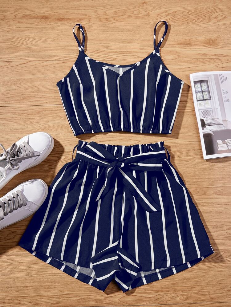 Striped Cropped Cami Top & Belted Paperbag Shorts Set | SHEIN