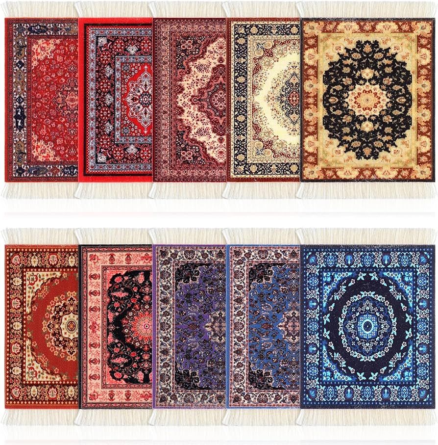 Preboun 10 Pieces Carpet Coasters Rug Table Coasters Oriental Table Drink Holders Vintage Coaster... | Amazon (US)
