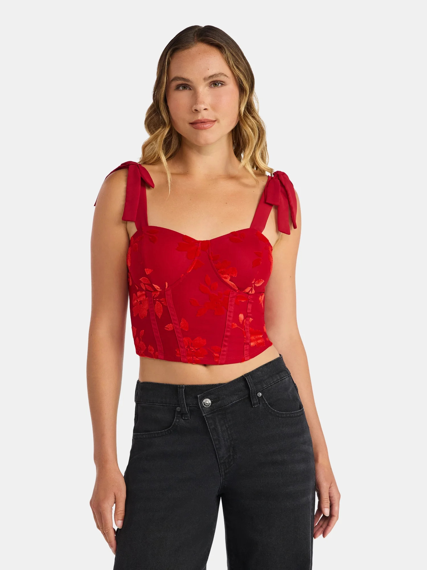 Madden NYC Women’s Burnout Velvet Corset Top with Tie Straps, Sizes XXS-XXL | Walmart (US)