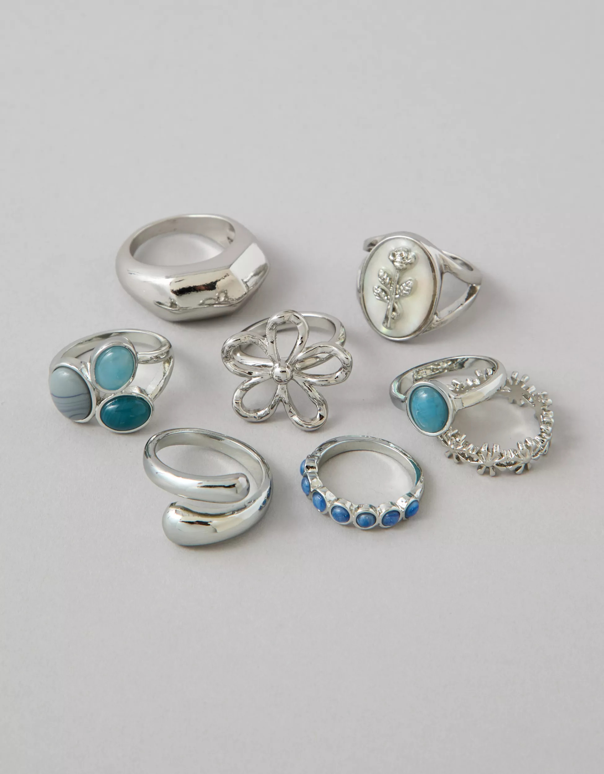 AE Silver-Finish Rings 8-Pack | American Eagle Outfitters (US & CA)