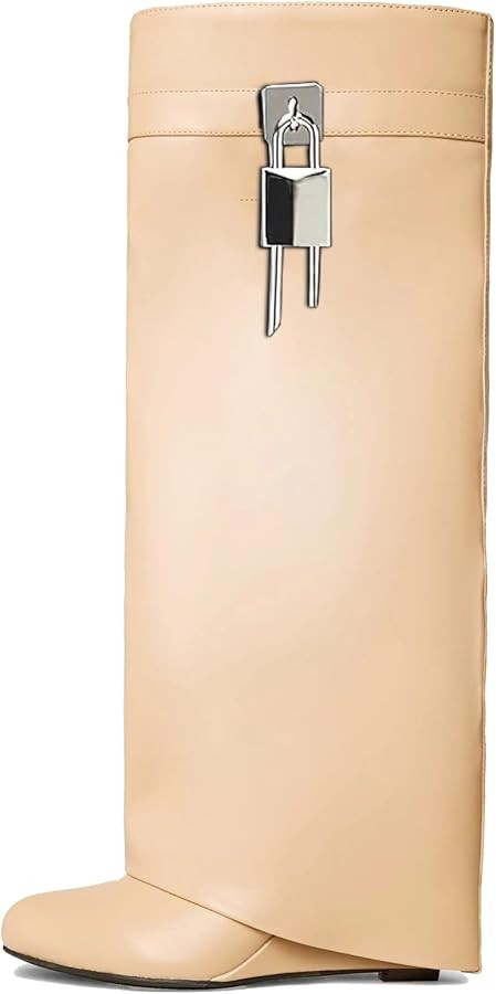 keleimusi Fold Over Wedge Boots Heeled PadLock Pant Knee High Shoes Tall/Short Booties in Black | Amazon (US)