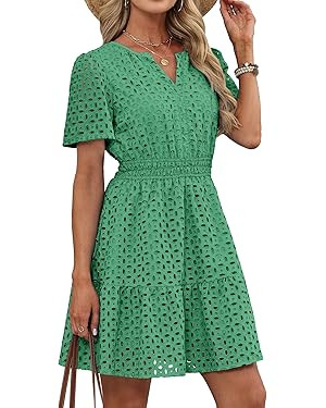 RUMIA Summer Dresses for Women 2026 V Neck Eyelet A Line Graduation Beach Wedding Guest Spring Dr... | Amazon (US)
