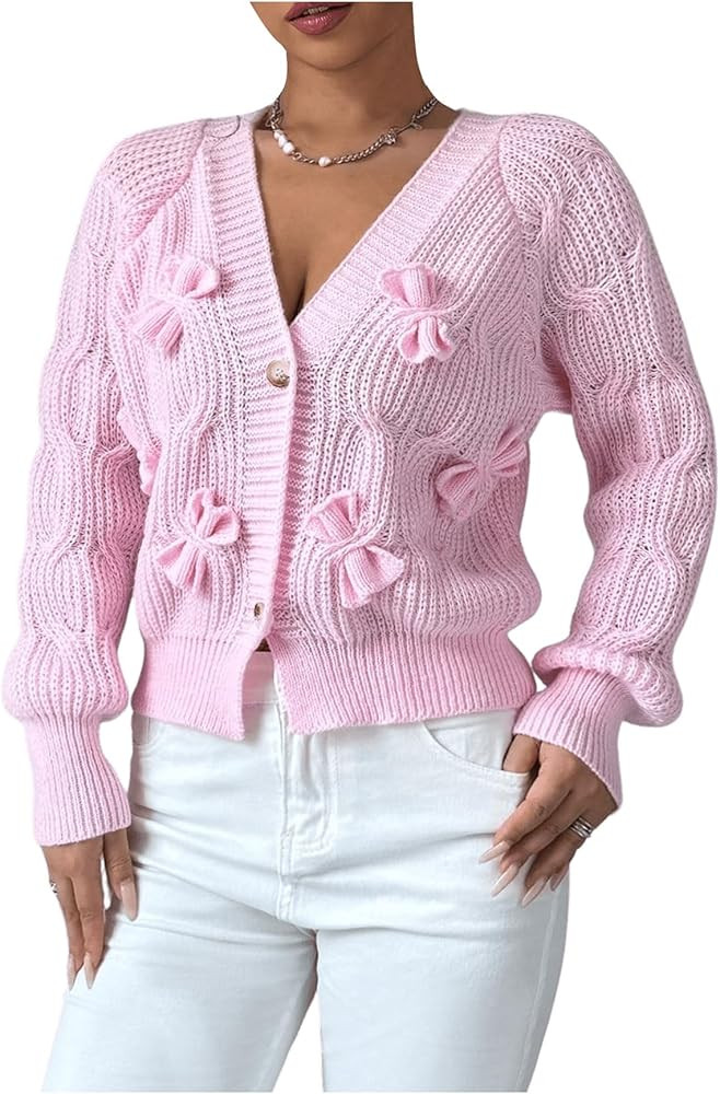 Verdusa Women's Bow Button Down Cardigans Long Sleeve V Neck Chunky Knit Sweater Outerwear | Amazon (US)