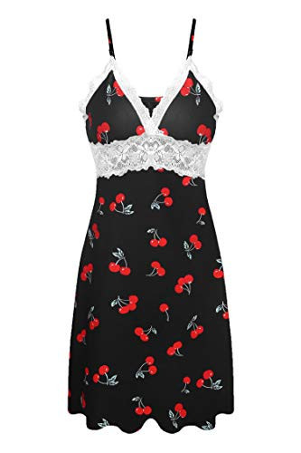 Ekouaer Sleepwear Womens Chemise Nightgown Full Slip Lace Lounge Dress, Cherry Print, Medium | Amazon (US)