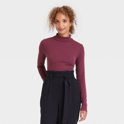 Women&#39;s Slim Fit Long Sleeve Turtleneck Ribbed T-Shirt - A New Day&#8482; Burgundy XS | Target