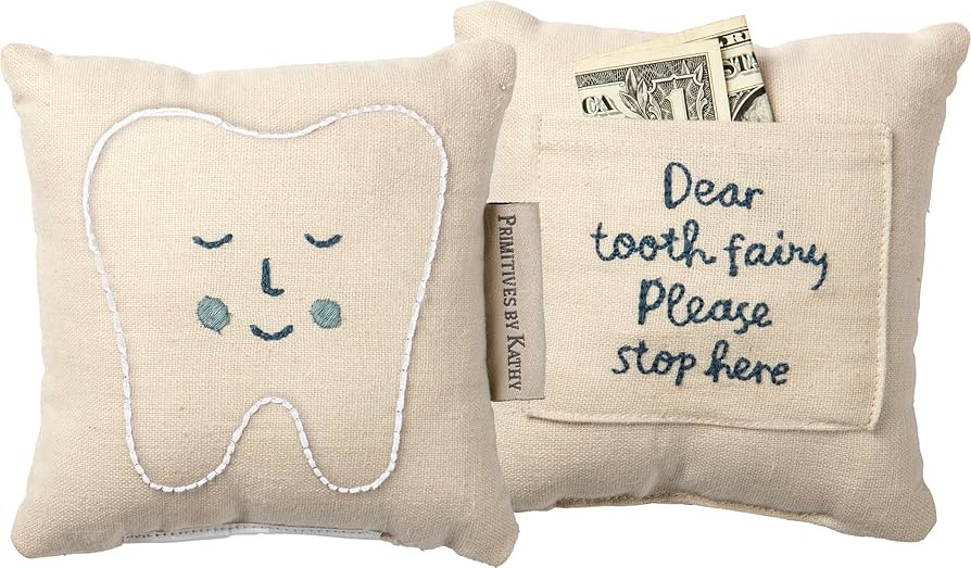 Tooth Fairy Pillow - Blue Embroidery Dear Tooth Fairy Please Stop Here | Tooth Holders for Tooth ... | Amazon (US)
