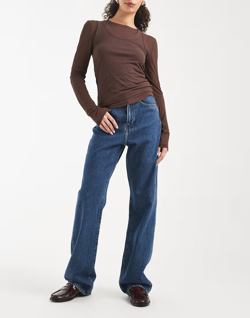 ONLY extra high waist wide leg jeans in mid blue | ASOS (Global)