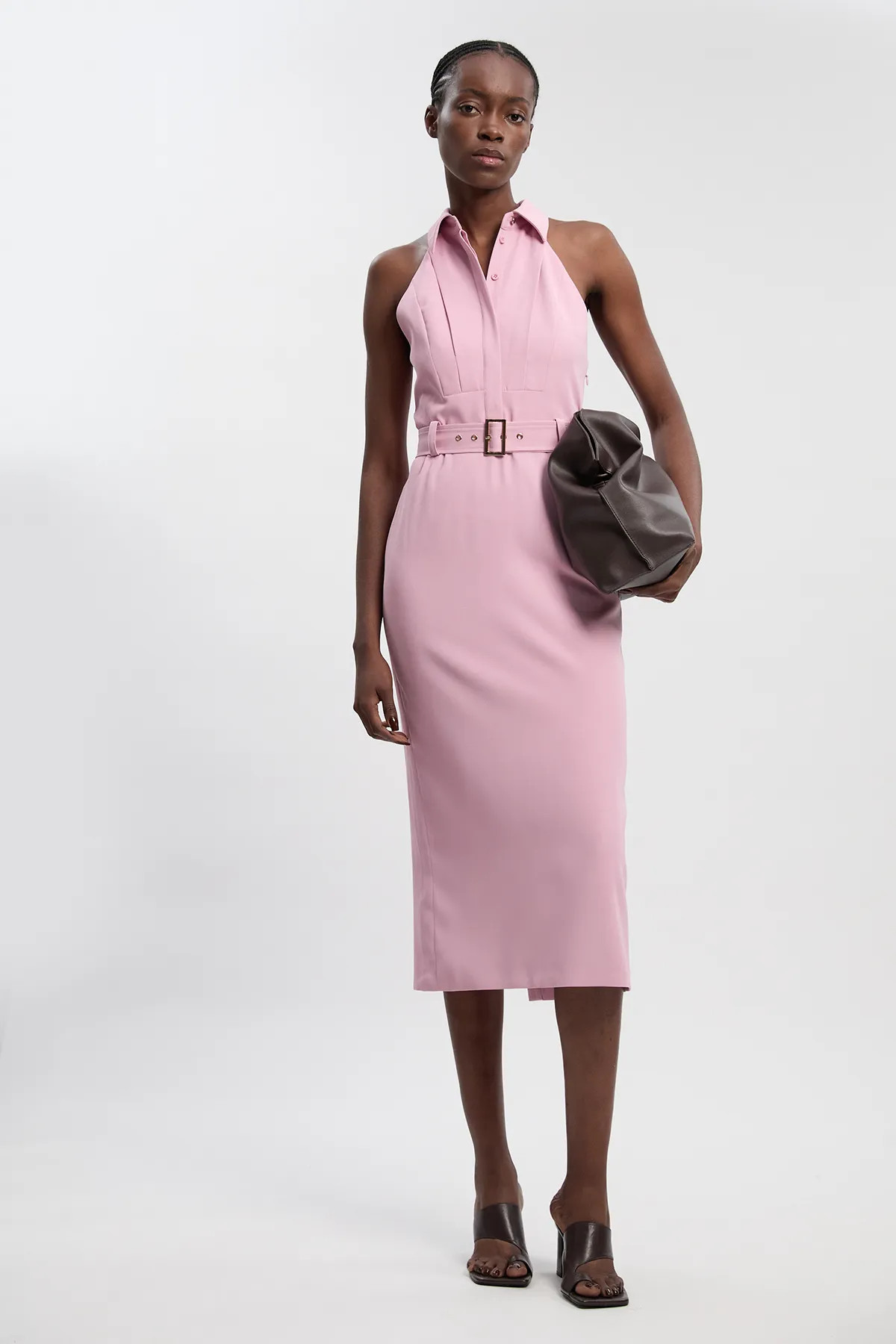 Pink Twill Contrast Collar Woven Halter Neck Midi Dress | Karen Millen | Karen Millen UK + IE + DE + NL